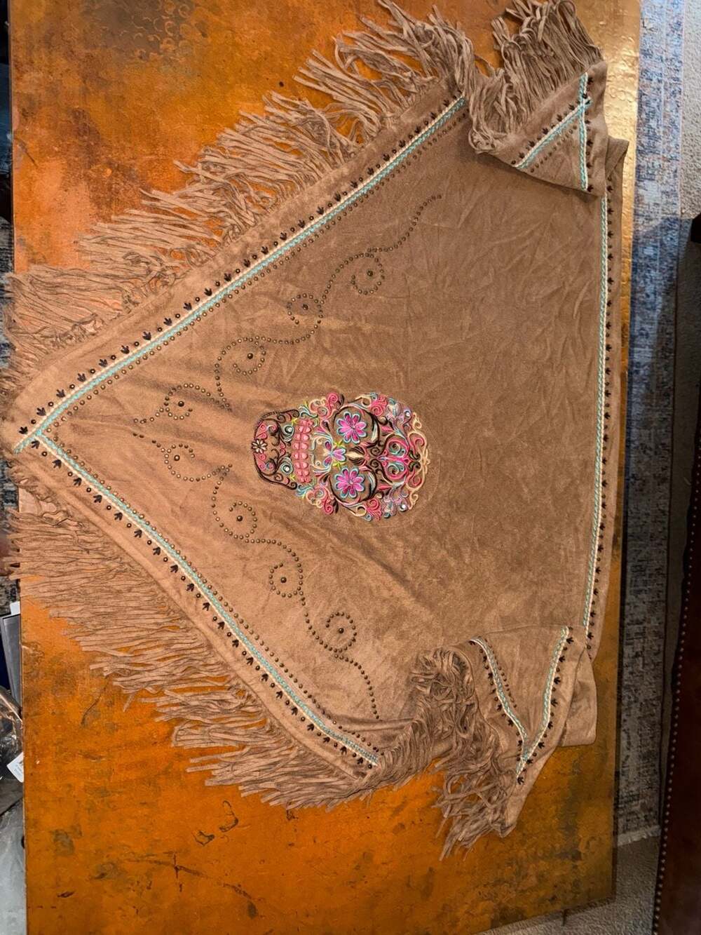 Montana West Faux Suede Sugar Skull Fringe Scarf Brown